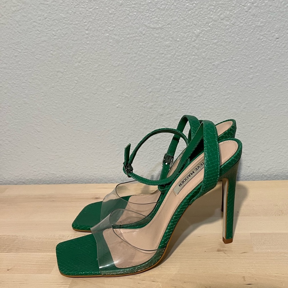 Steve Madden Jessenia Green Acrylic Snakeskin Stiletto Sandals - Picture 8 of 11